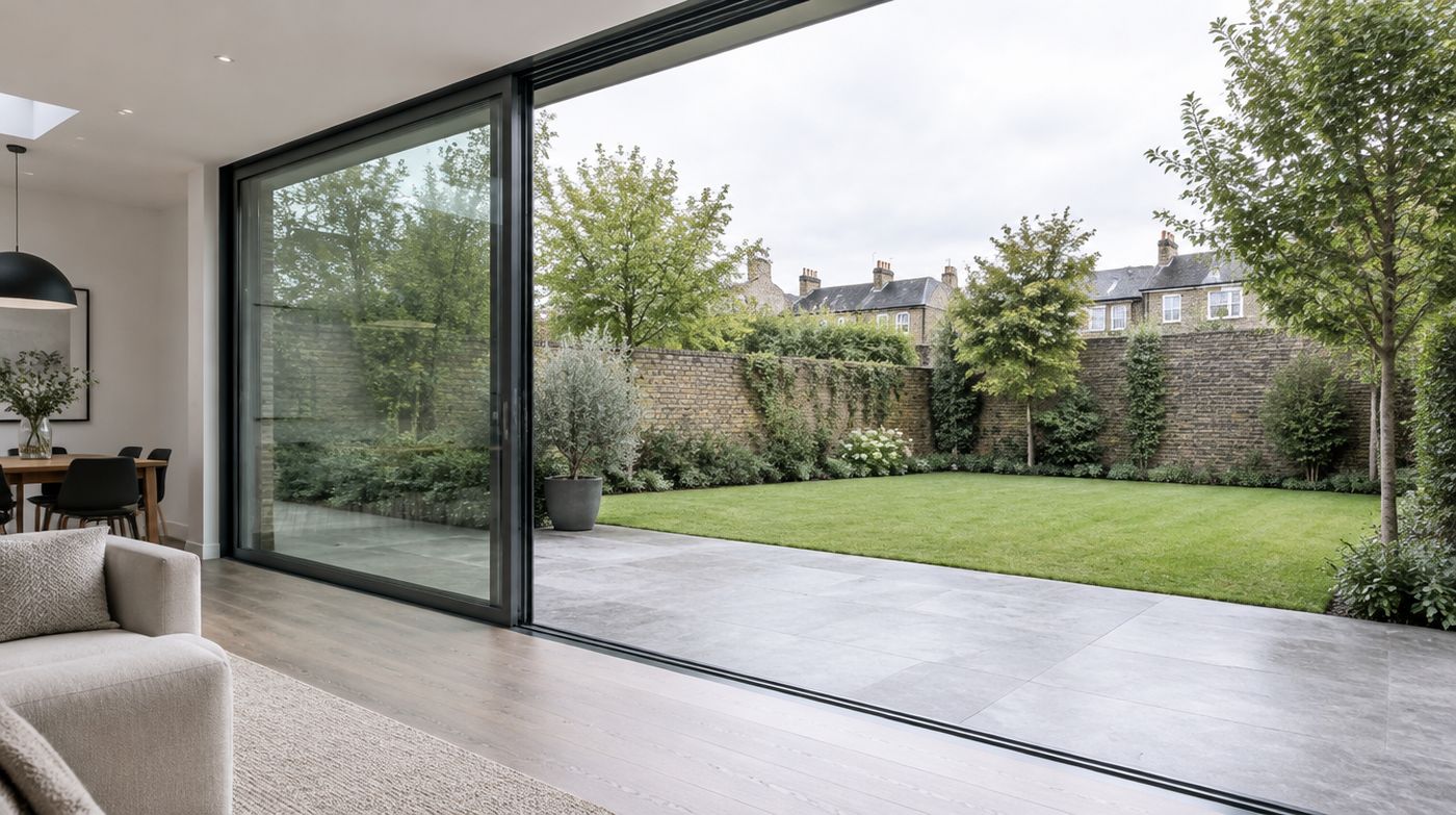 Large aluminium sliding patio doors standing open at the back of a house, with one slim framed panel slid behind the other