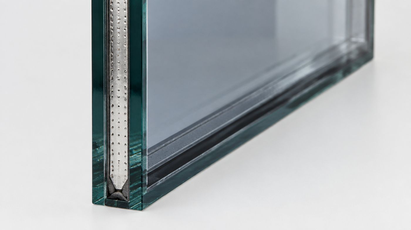 The edge of a large double glazed sliding door unit showing the spacer and the tint of a solar control coating