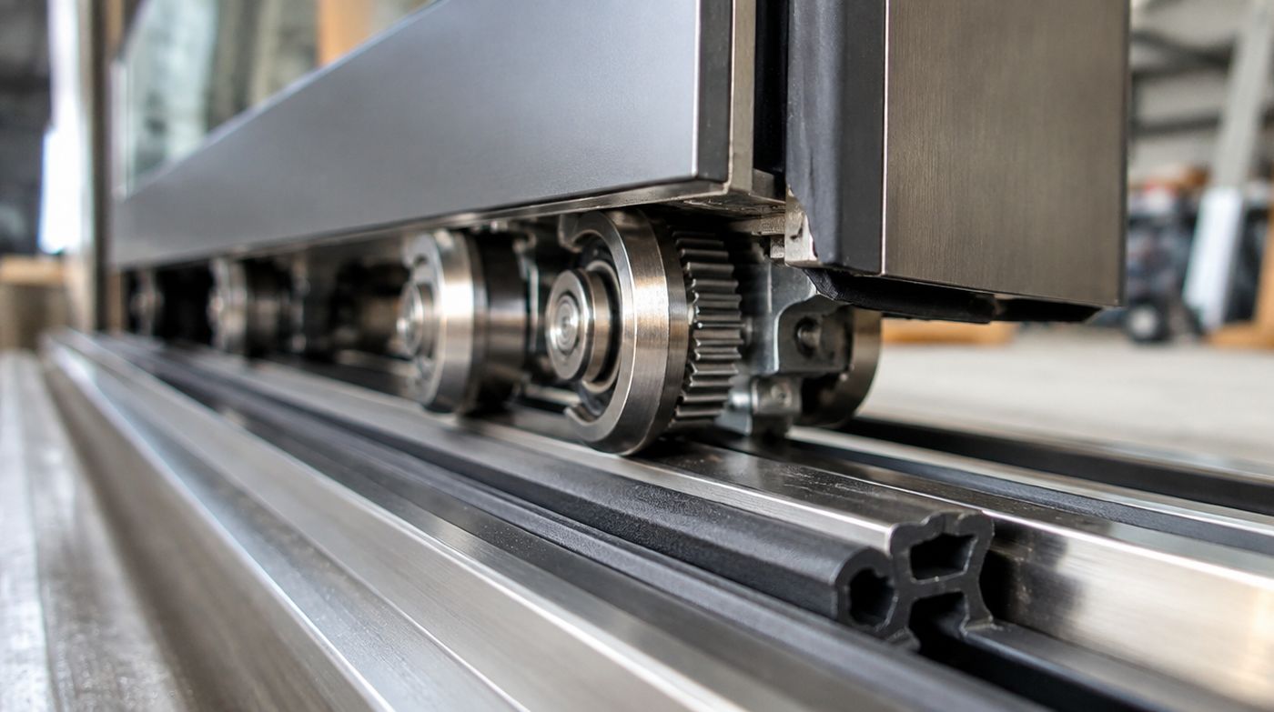 The rollers and track of a lift and slide door with the panel raised clear of its seals