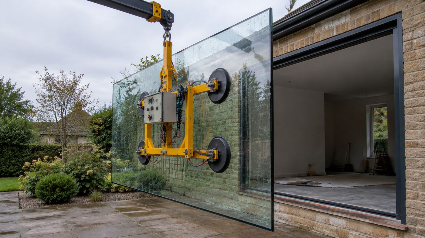 A vacuum lifter clamped to a very large pane of glass beside a prepared opening