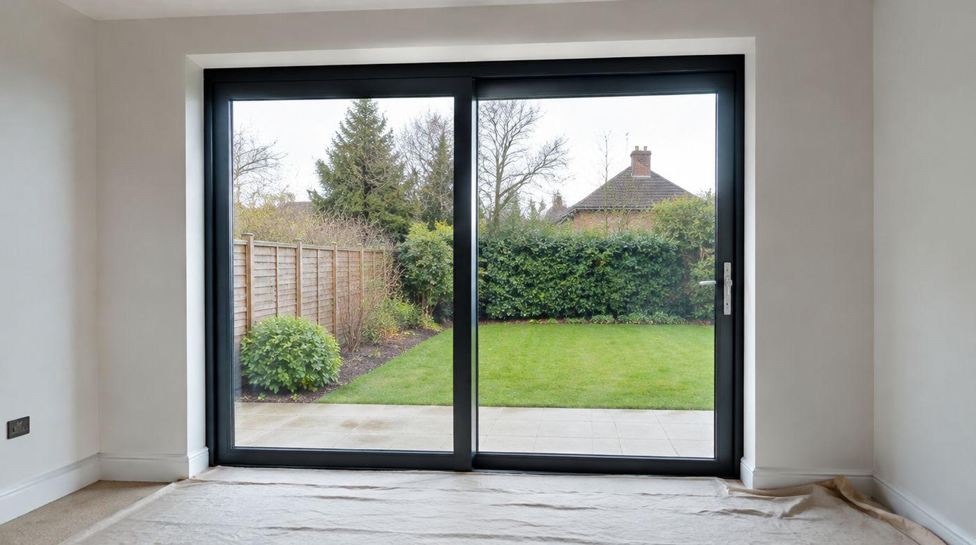 A newly installed sliding door from inside, perimeter sealed and reveals made good