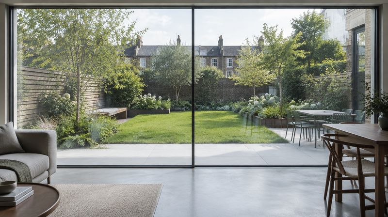 The view through closed slim sightline sliding doors, showing the narrow vertical interlock where two panes meet