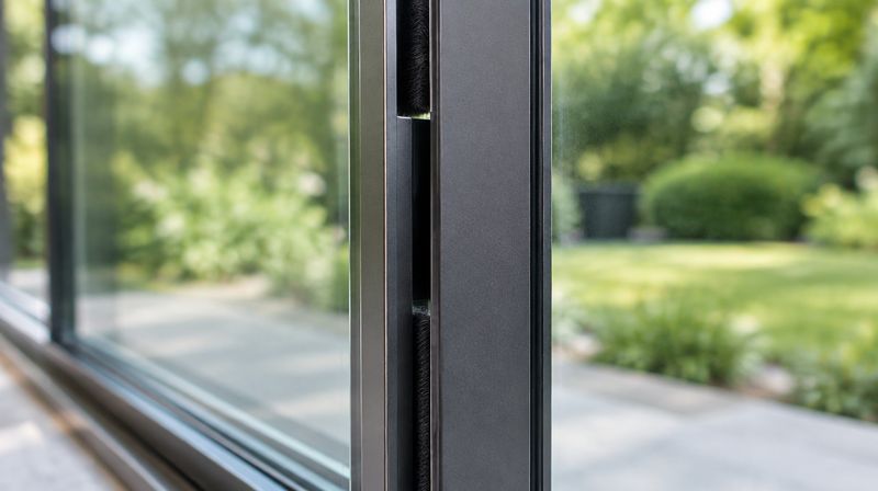 Close detail of the slim interlock section where two aluminium sliding door panels overlap