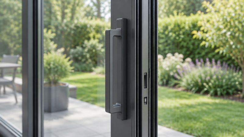 A lift and slide handle on a slim aluminium sliding door frame