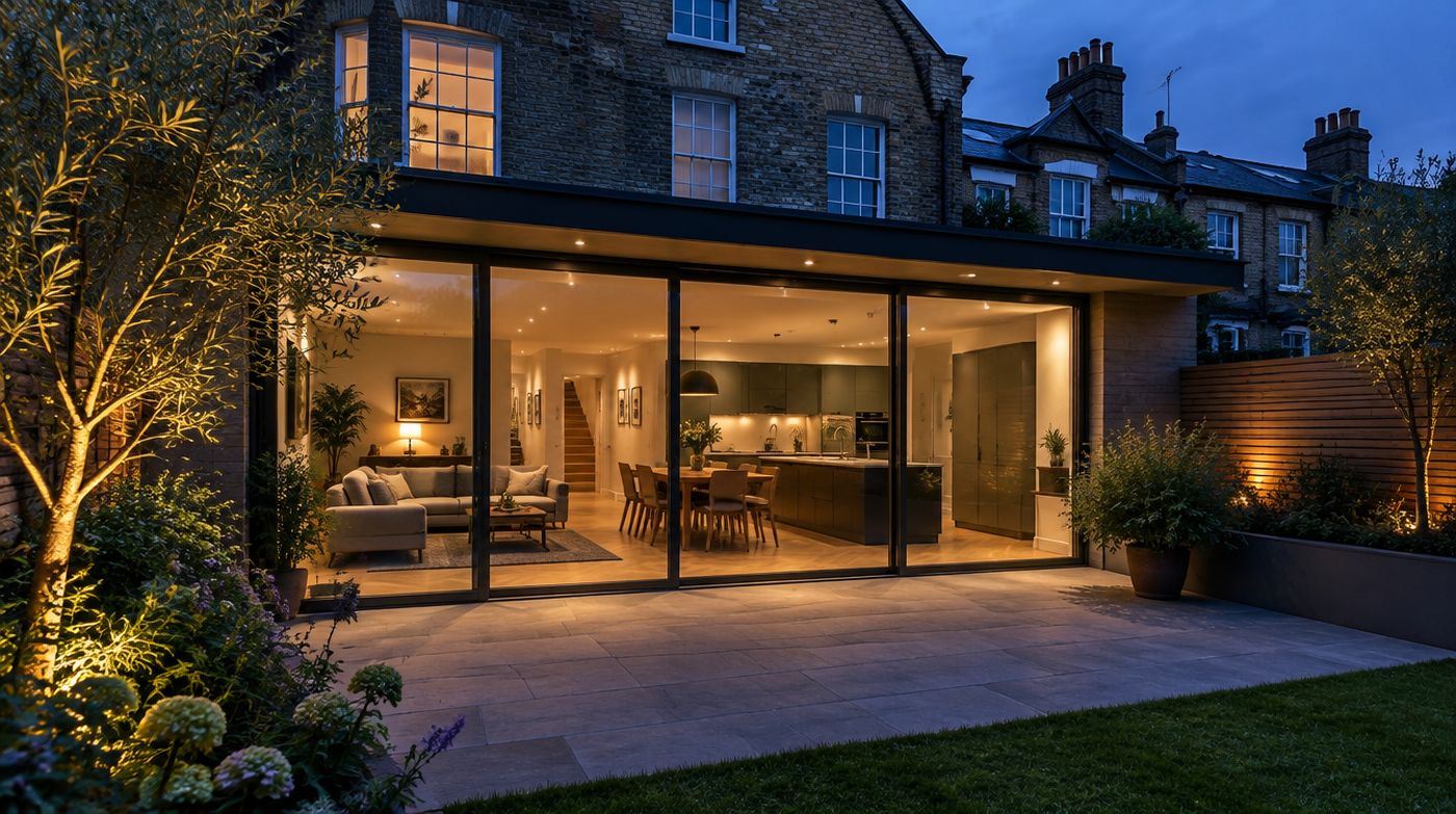 A rear extension at dusk with a wide run of slim framed aluminium sliding doors onto a stone terrace