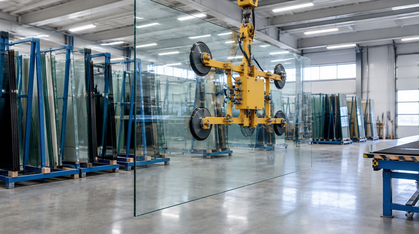 A large pane of glass being lifted by a mechanical vacuum suction lifter in a glass workshop